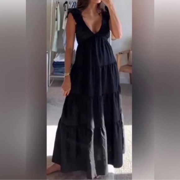 Jason Wu Black Linen Blend Tiered Maxi Dress Size Large NWT - Picture 1 of 6